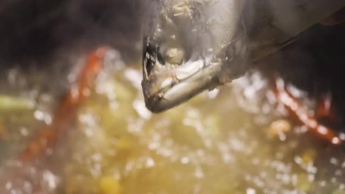 有人把一条鱼放在沸腾的汤里。充满红辣椒，酸橙叶，大葱，高良姜和柠檬草。草药汤的配料。泰国菜菜单。