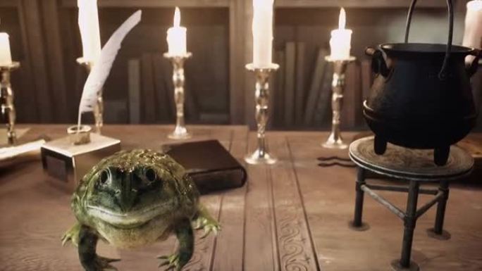 炼金术士的桌子上是一只绿色的大蟾蜍和一锅热气腾腾的药水。动画为幻想、魔法或历史背景。