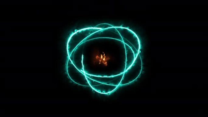 彩色火热的原子球圈魔术闪亮的旋转循环在黑色背景上围绕核心