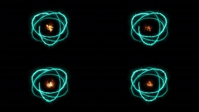 彩色火热的原子球圈魔术闪亮的旋转循环在黑色背景上围绕核心