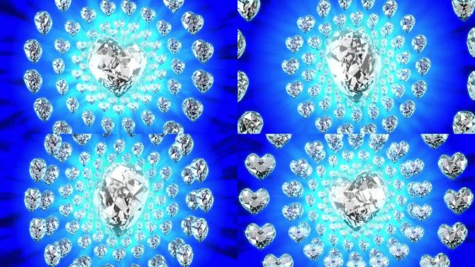 3d渲染运动循环的钻石心形旋转转盘，在蓝光上闪烁粒子，为情人节的季节主题背景。