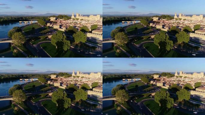 无人机在法国阿维尼翁市上空的鸟瞰图，罗纳河紧挨着城市。