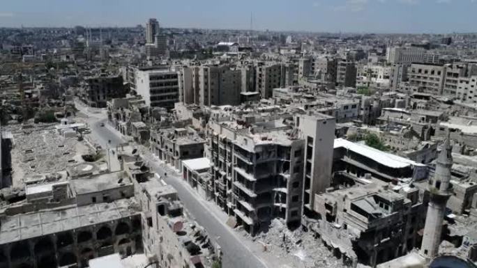 从上空俯瞰叙利亚城市。一些建筑在10年前的内战后仍然是废墟- 4K无人机的鸟瞰图