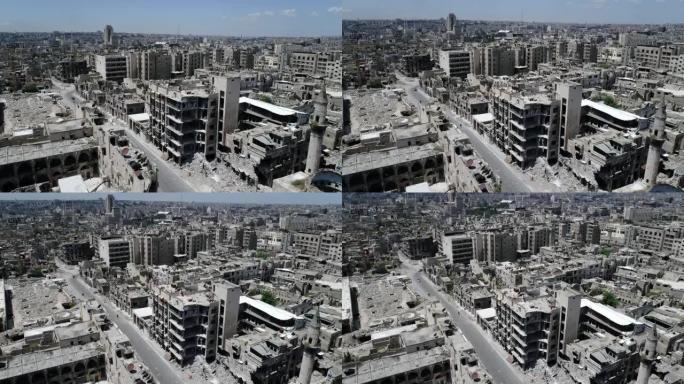 从上空俯瞰叙利亚城市。一些建筑在10年前的内战后仍然是废墟- 4K无人机的鸟瞰图