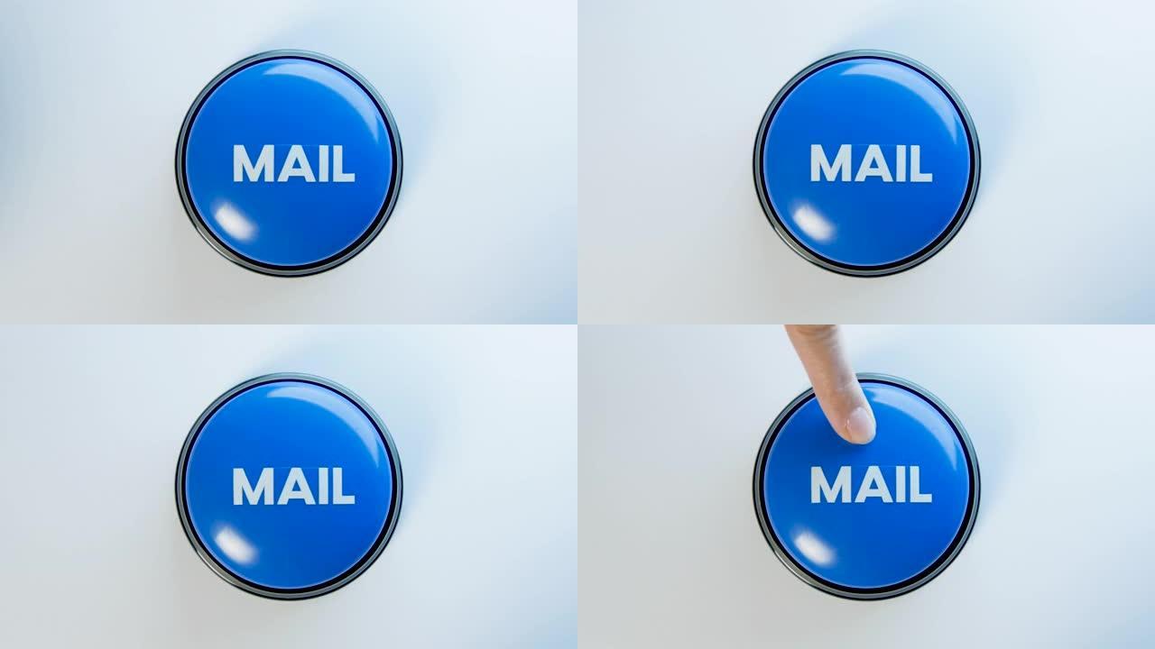 女人按下邮件按钮，特写。按打开一封新邮件。传出消息签名，发送或接收信件。检查收件箱。人和技术概念。垃