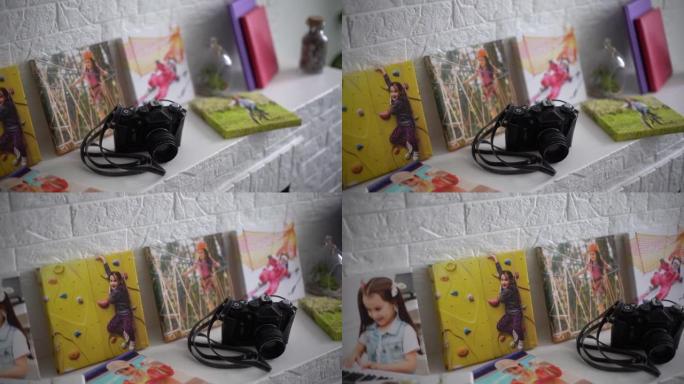 用画布拉伸的画廊包装方法印刷在画布上的摄影。活跃小女孩的照片