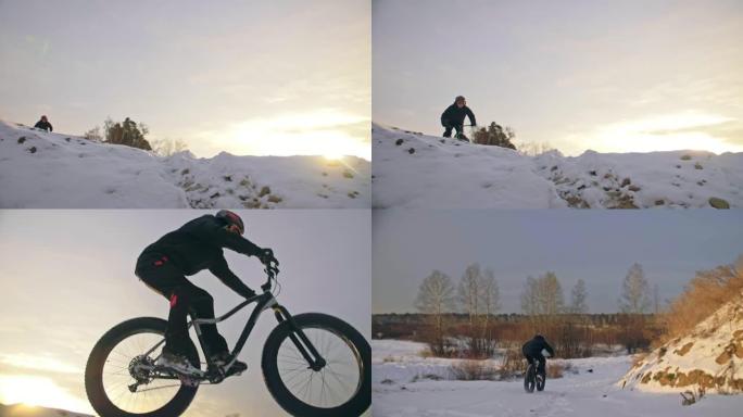 专业极限运动员骑自行车的人在户外骑胖自行车。骑自行车的人在冬季雪林骑行。男子做试玩小兔子跳山地自行车