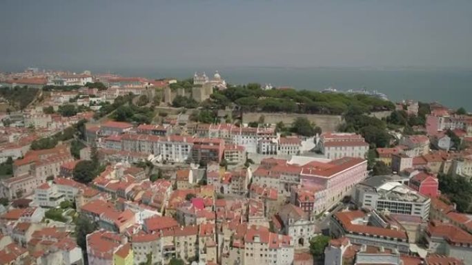 阳光明媚的一天里斯本著名城堡空中全景4k葡萄牙