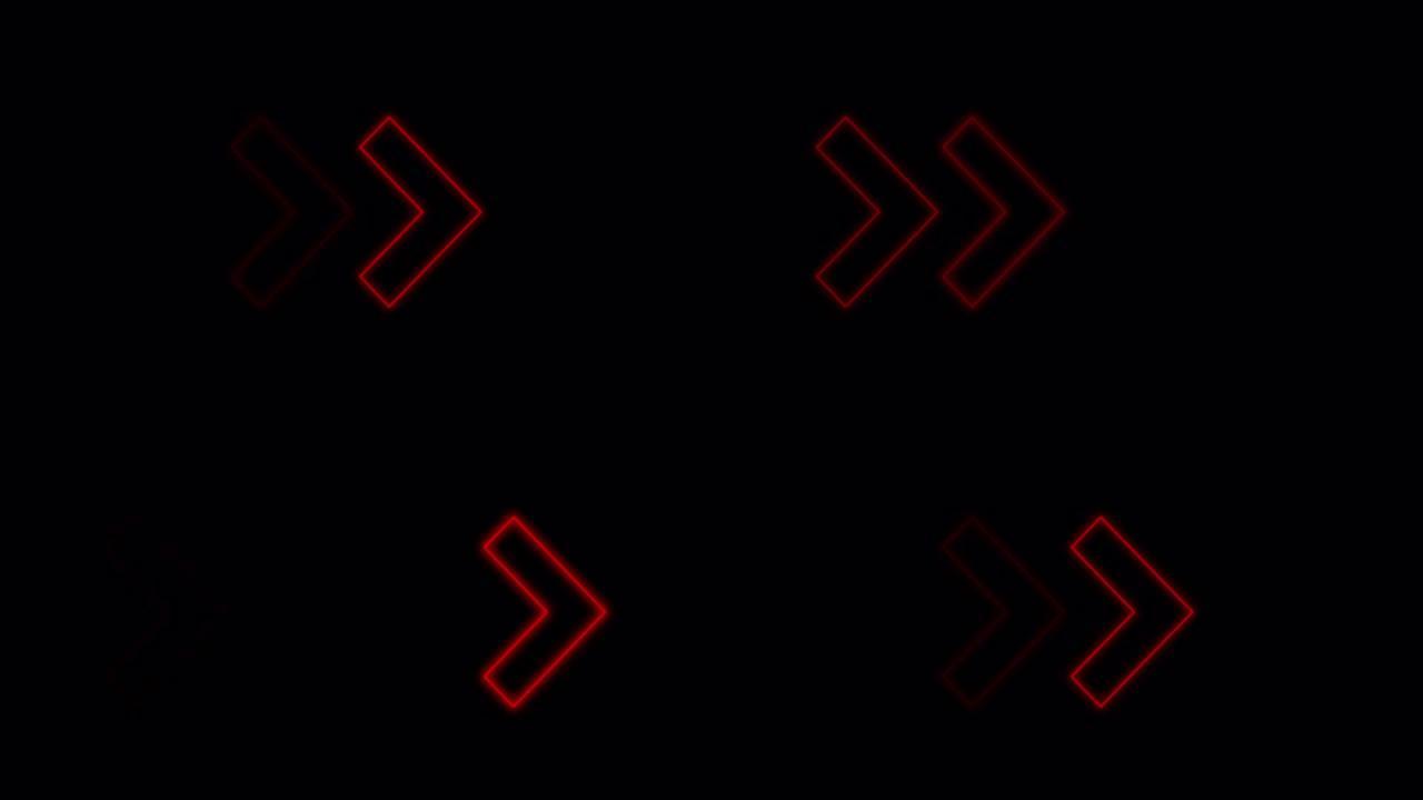 黑色背景上的红色霓虹灯箭头的动画。方向指示器。4k视频。可用于各种媒体。