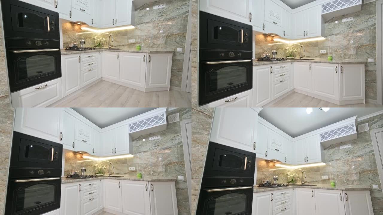 现代经典白色厨房室内特写倾斜摄像机运动