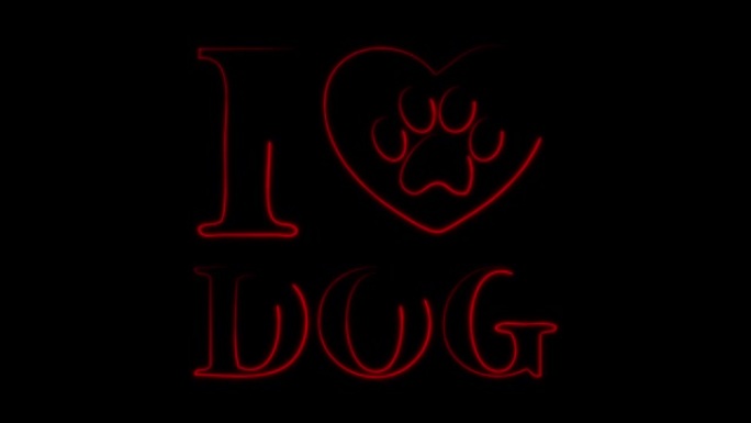 霓虹灯线心脏与狗图标隔离在黑色背景。宠物爪子在心脏里。对动物的爱。4k视频运动图形动画