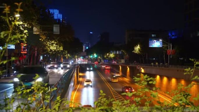 南京市中心夜间照明交通街隧道市区全景4k中国
