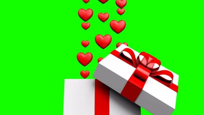 循环情人节概念，许多心从绿色背景的礼品盒中取出