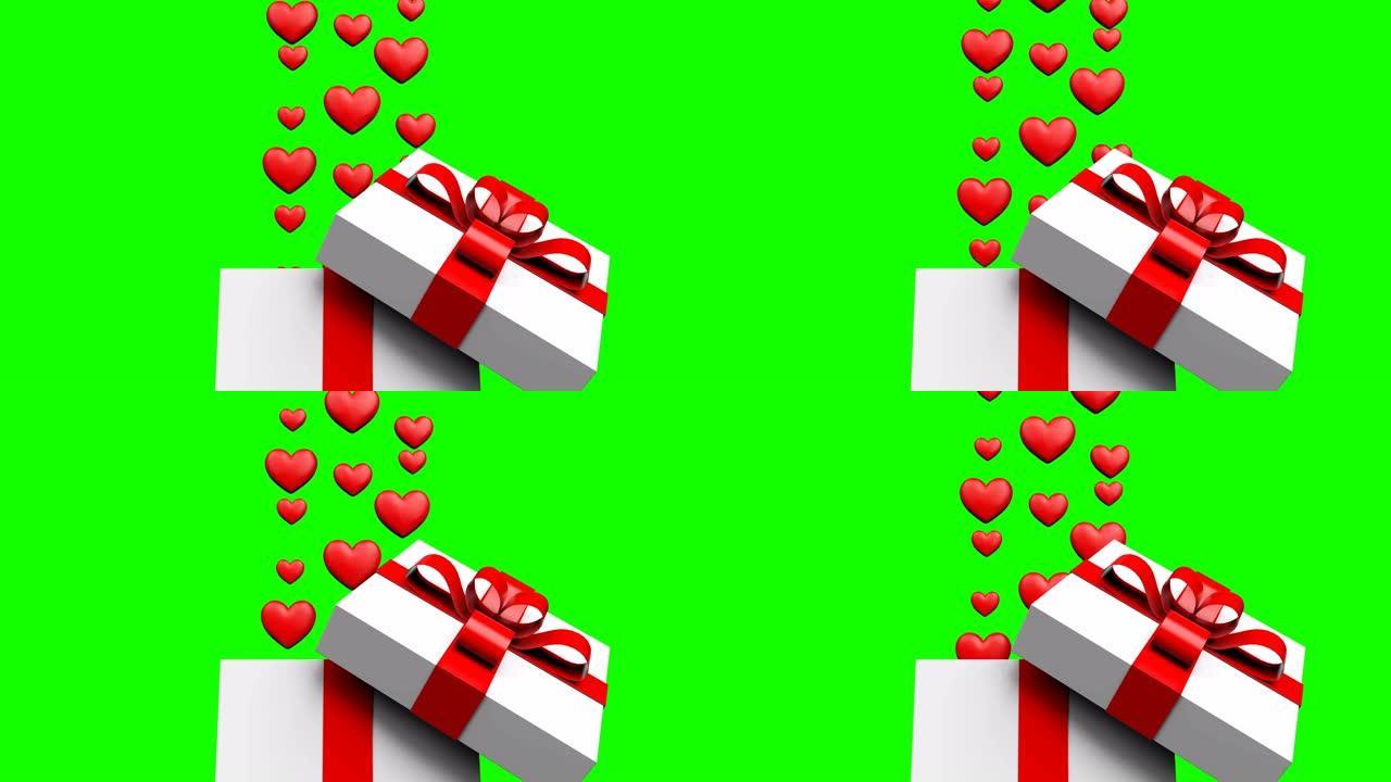 循环情人节概念，许多心从绿色背景的礼品盒中取出