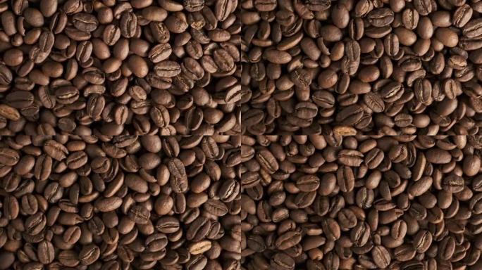 俯视图咖啡豆极近圆形旋转，烘焙咖啡平放，高角度视图