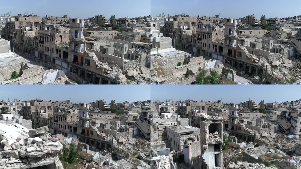内战结束10年后，一架无人机在叙利亚阿勒颇建筑上空拍摄的鸟瞰图。我们可以看到草覆盖建筑废墟，被炸毁4