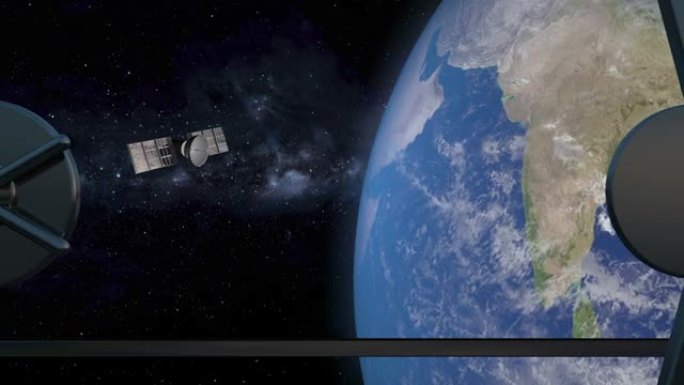 星舰铁锈的舱口从飞船上打开了地球行星的全景。卫星从太空扫描和监测地球。