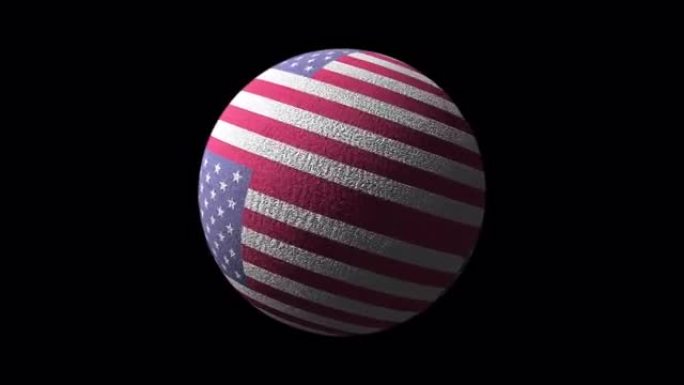 美国国旗旋转球与纹理隔离透明阿尔法通道快速时间prores 4444。4K 3D球旋转动画与美国国旗