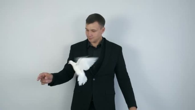 魔术师与白鸽鸟从一只手飞到另一只手的把戏。