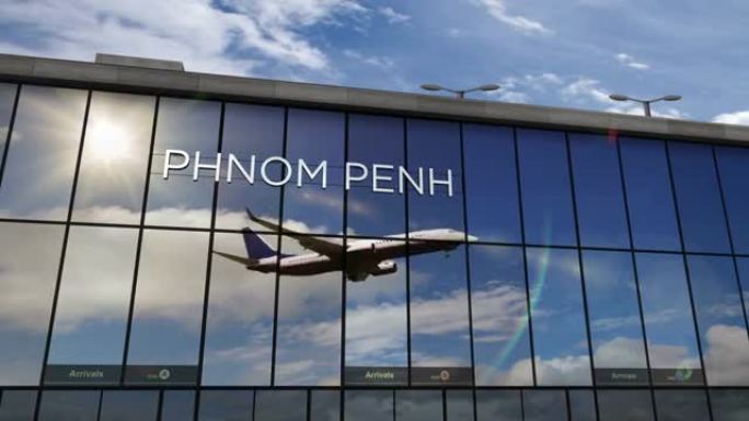 飞机在金边柬埔寨机场降落在航站楼