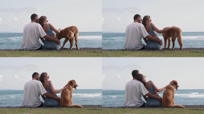 浪漫的情侣和海边的狗