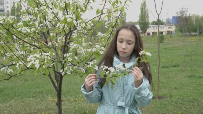 一个可爱的长发少女在阳光明媚的春日独自站在城市公园时，握住并检查一棵开花树的树枝。的概念。特写。4K