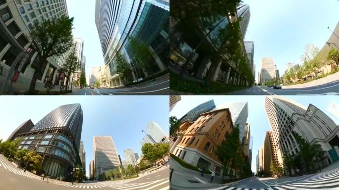 晴天开车穿过城市。东京空荡荡的街道。