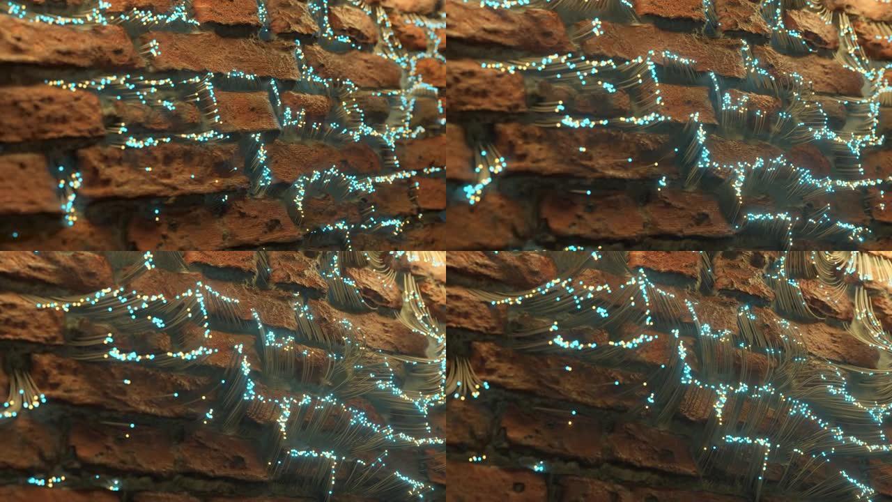 光纤传播出现在砖块之间，并沿着砖墙传播。抽象技术背景。