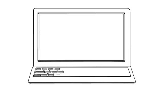 笔记本电脑的黑白绘图。素描风格插图。白色背景上的手绘涂鸦矢量图。