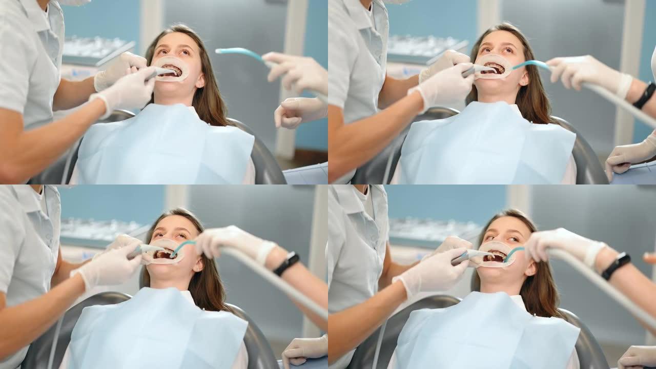 定期进行正畸检查时戴牙套的患者
