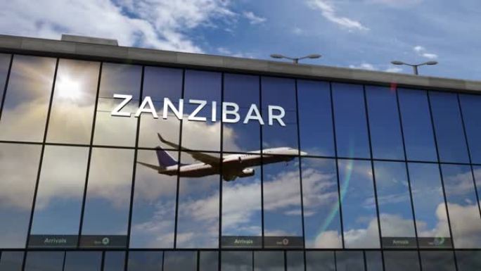 飞机在桑给巴尔坦桑尼亚机场降落在航站楼