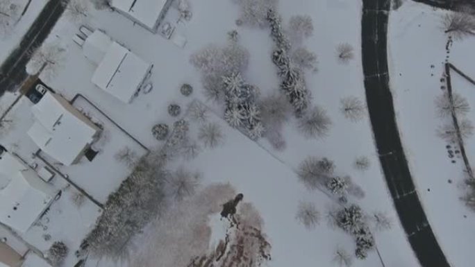 令人惊叹的空中与小镇美国主街家乡降雪后，雪树覆盖的严冬天气条件