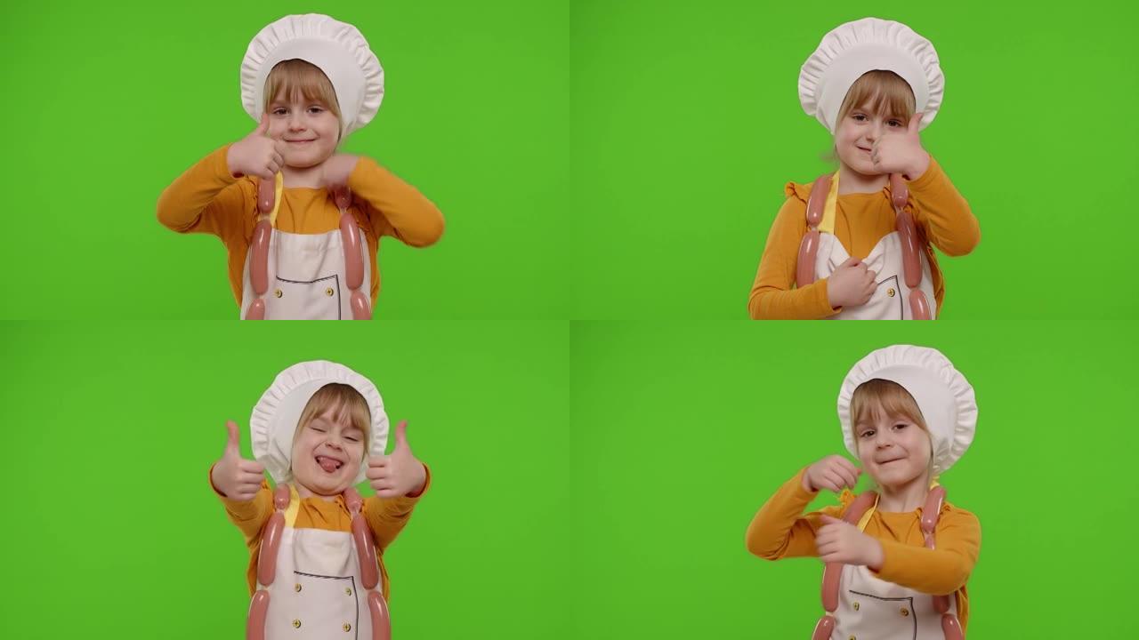 打扮成厨师的童女孩子露出大拇指，微笑着，看着色度键上的相机