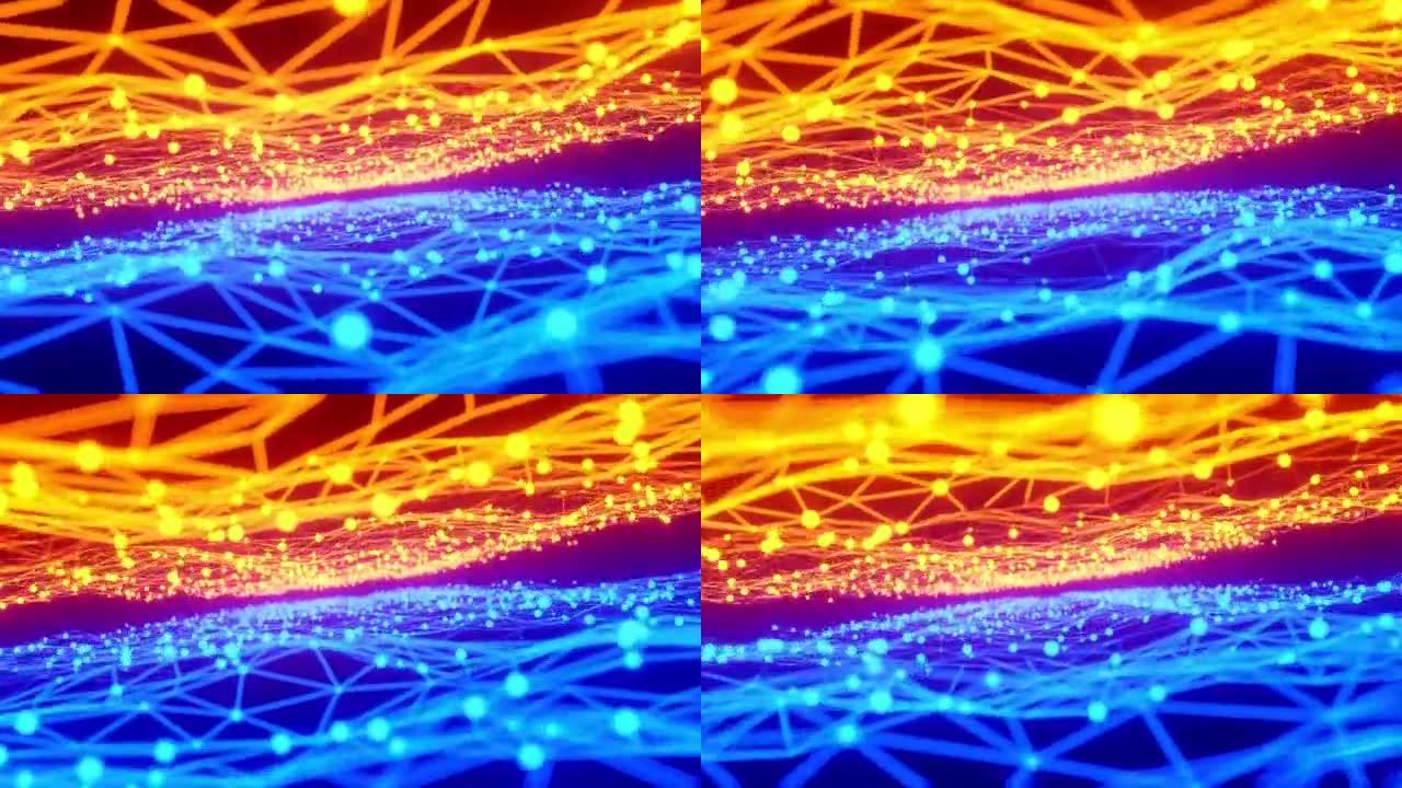 摘要通过橙色蓝色发光的数字数据隧道，由数字节点和连接路径组成，用于视觉，vj，灯光，技术演示，运动背