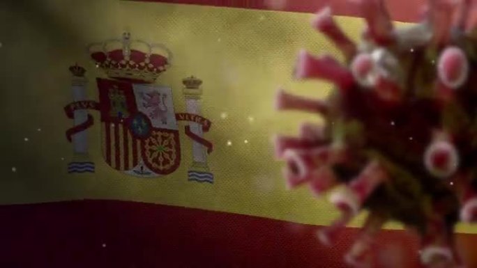 流感冠状病毒漂浮在西班牙国旗上。西班牙Covid19病毒大流行