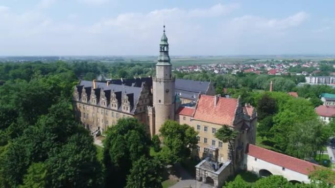 波兰ole ś nica的ole ś nica公爵城堡从高空拍摄无人机视频。历史建筑被一个有很多树木