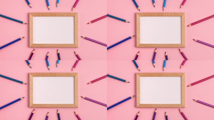 停止运动动画模型的木框和铅笔周围的粉红色背景。平放俯视图。教育模板返校和带复制空间的在线学习概念