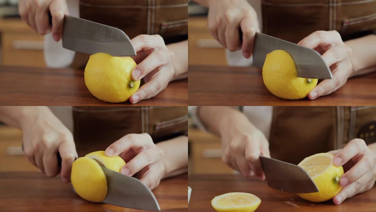 用小刀在木板上把柠檬水果切成薄片。