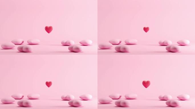 粉红色心形中突出的呼吸红色心形掉落在粉红色背景上。3D动画。情人节概念。