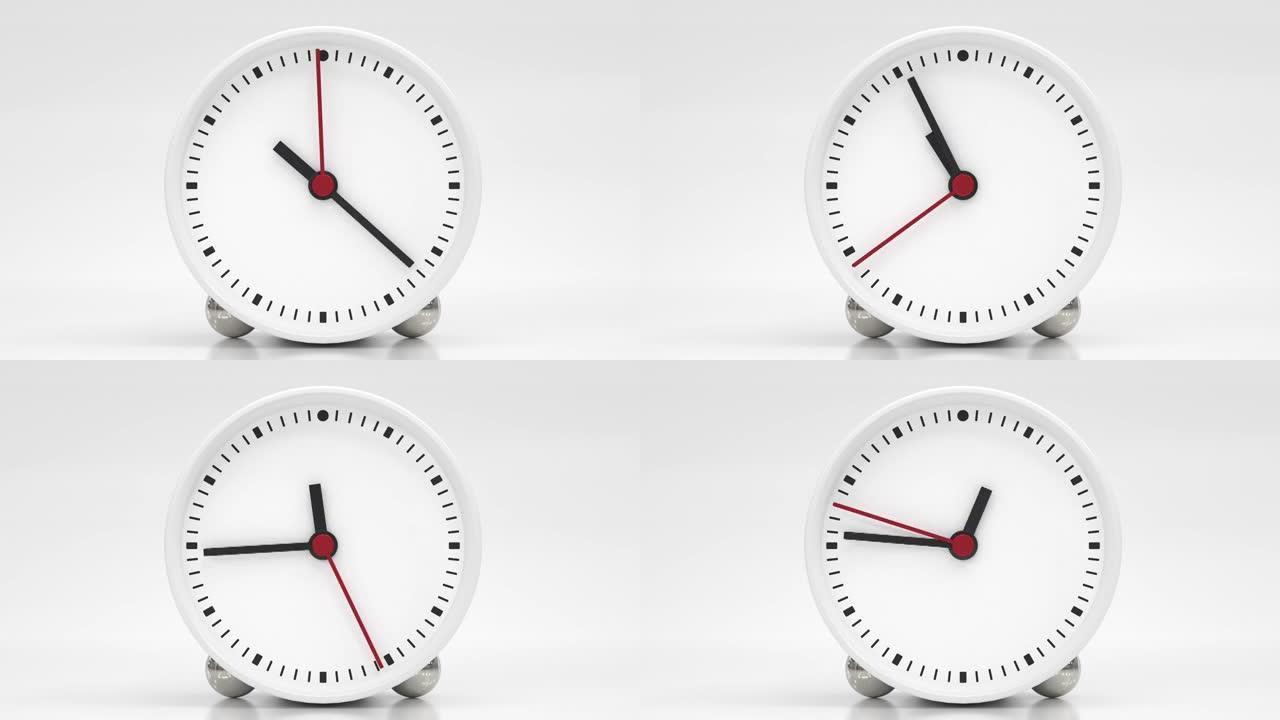 钟面与小时分秒针在白色背景上大约10秒。对象和设备概念。最近的时间主题。延时。4k镜头运动图形视频图