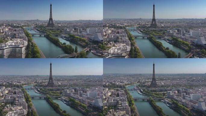晴天飞越巴黎市中心著名塔楼河畔空中全景4k法国