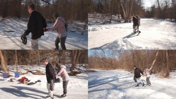 成熟夫妇户外滑冰公共公园、休闲活动