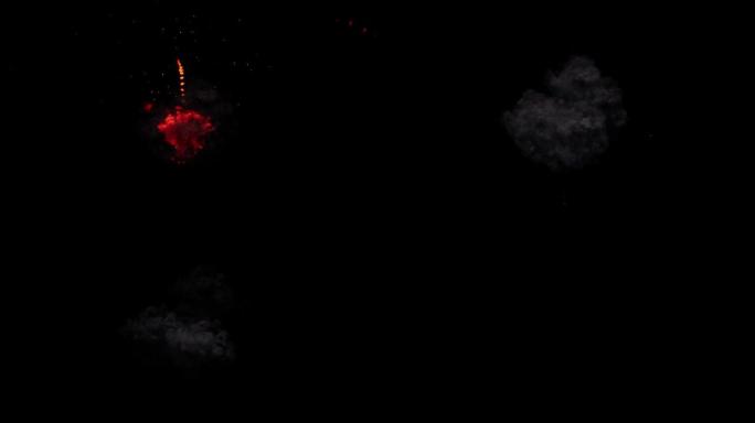 Inferno在屏幕中央爆发红色小火火焰，黑烟上升到顶部，烟花效果由Alpha通道隔离 (透明背景)