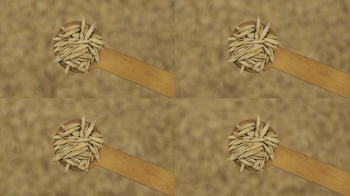 旋转散焦的燕麦种子上的一勺燕麦谷物。顶视图。食物背景。