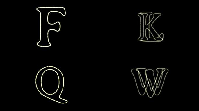 英文字母出现在中间，一段时间后消失。学习英语。抽象孤立的字母形式的模糊假日彩色灯光。