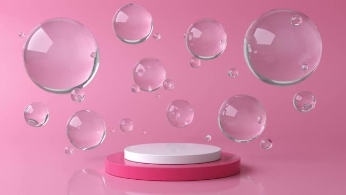 粉红色和白色的圆形舞台，基座或讲台以及水和玻璃气泡或球体。粉色粉彩背景广告。化妆品或时尚的背景或模型
