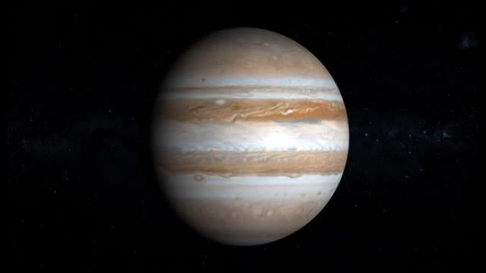 现实的木星行星在空间中旋转和缩放，在恒星之间，4k循环
