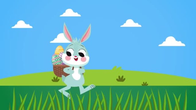 复活节快乐，可爱的兔子带着鸡蛋在篮子里散步