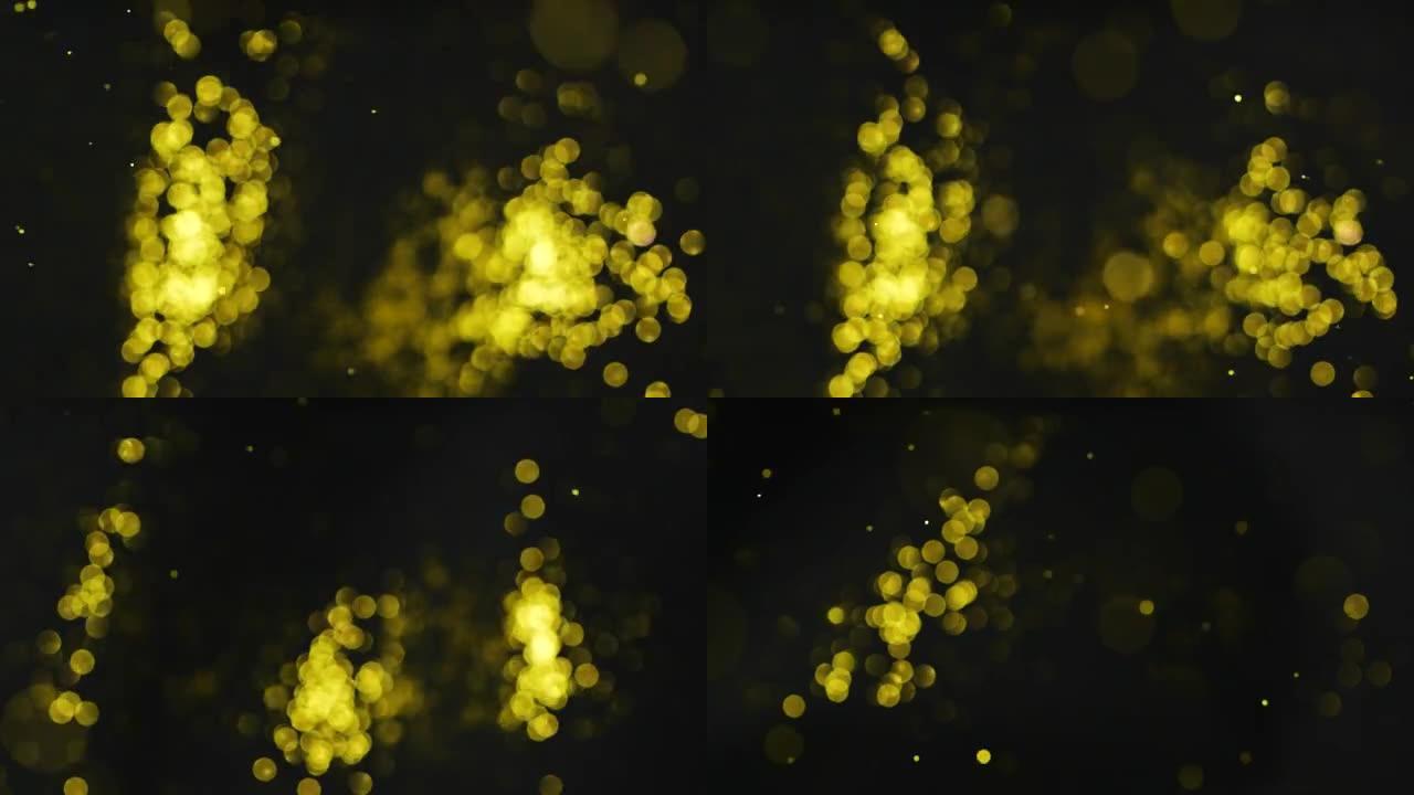 Bokeh移动抽象金色光粒子，黑色背景，镜头耀斑