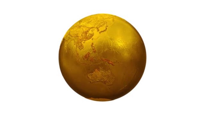 金色金属行星地球地球孤立在白色背景上。亚洲、欧洲、非洲、美洲、澳大利亚。3d渲染图